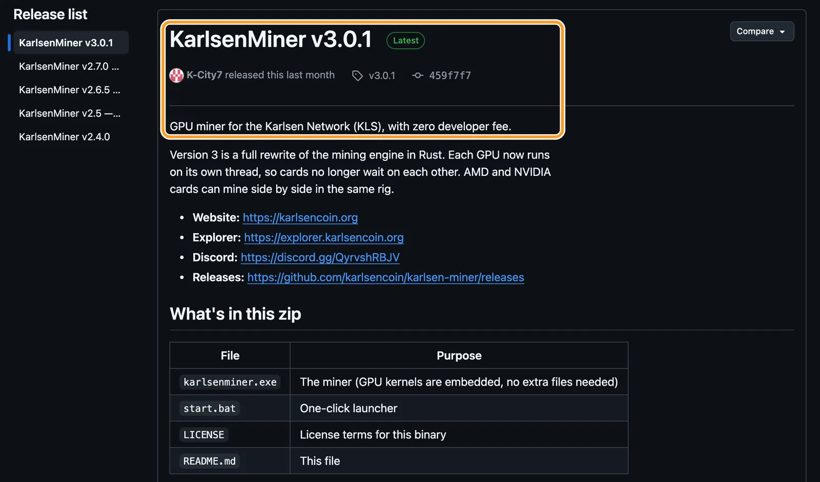 Релиз KarlsenMiner v3.0.1 на GitHub: рамкой выделены метка Latest и строка «GPU miner for the Karlsen Network (KLS), with zero developer fee»
