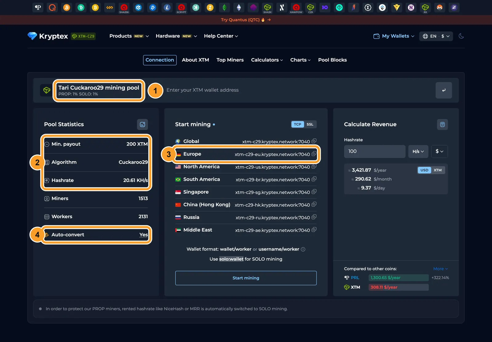 Пул Kryptex для Tari Cuckaroo29: комісія, мінімальна виплата, сервери й автообмін
