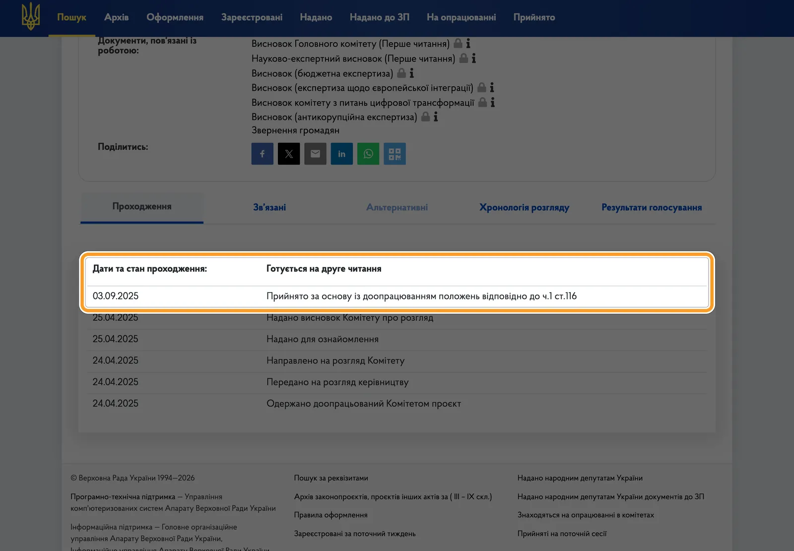 Картка законопроєкту 10225-д на сайті Верховної Ради: стадія «Готується на друге читання», перше читання 3 вересня 2025 року