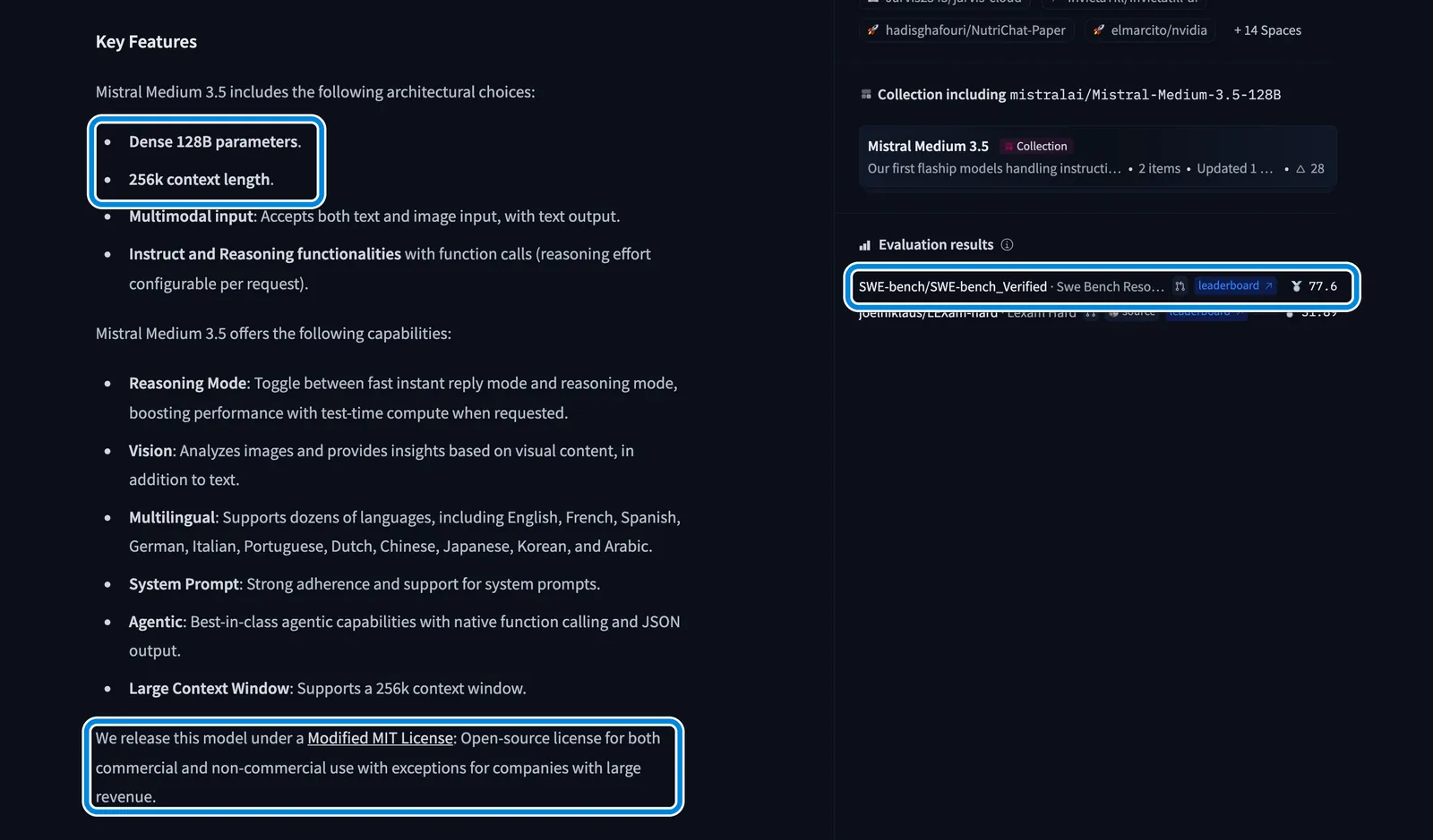 Картка моделі Medium 3.5 на Hugging Face: рамками виділено щільну архітектуру 128B, контекст 256k, результат SWE-bench Verified 77,6 і рядок про ліцензію Modified MIT