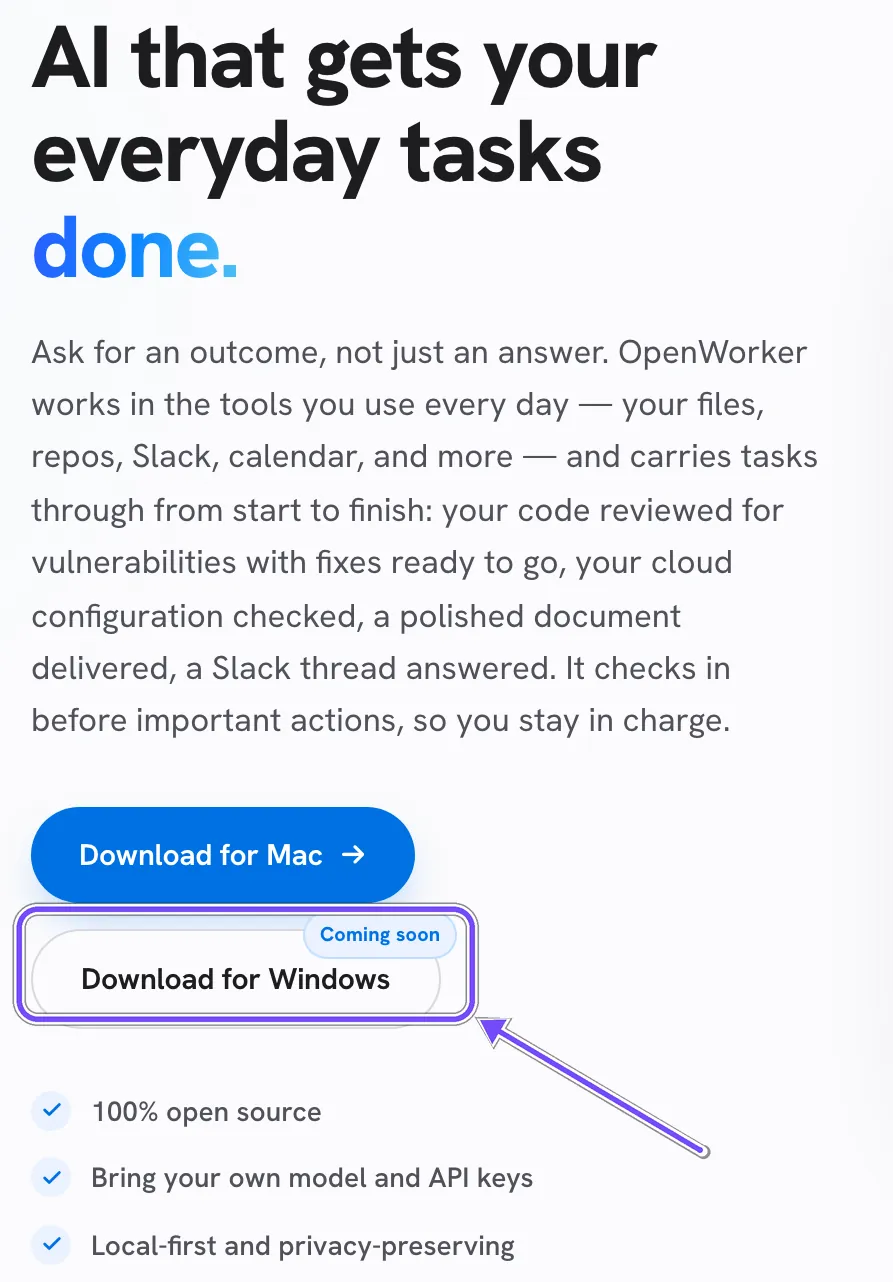 Головна сторінка openworker.com: кнопка Download for Windows із позначкою Coming soon