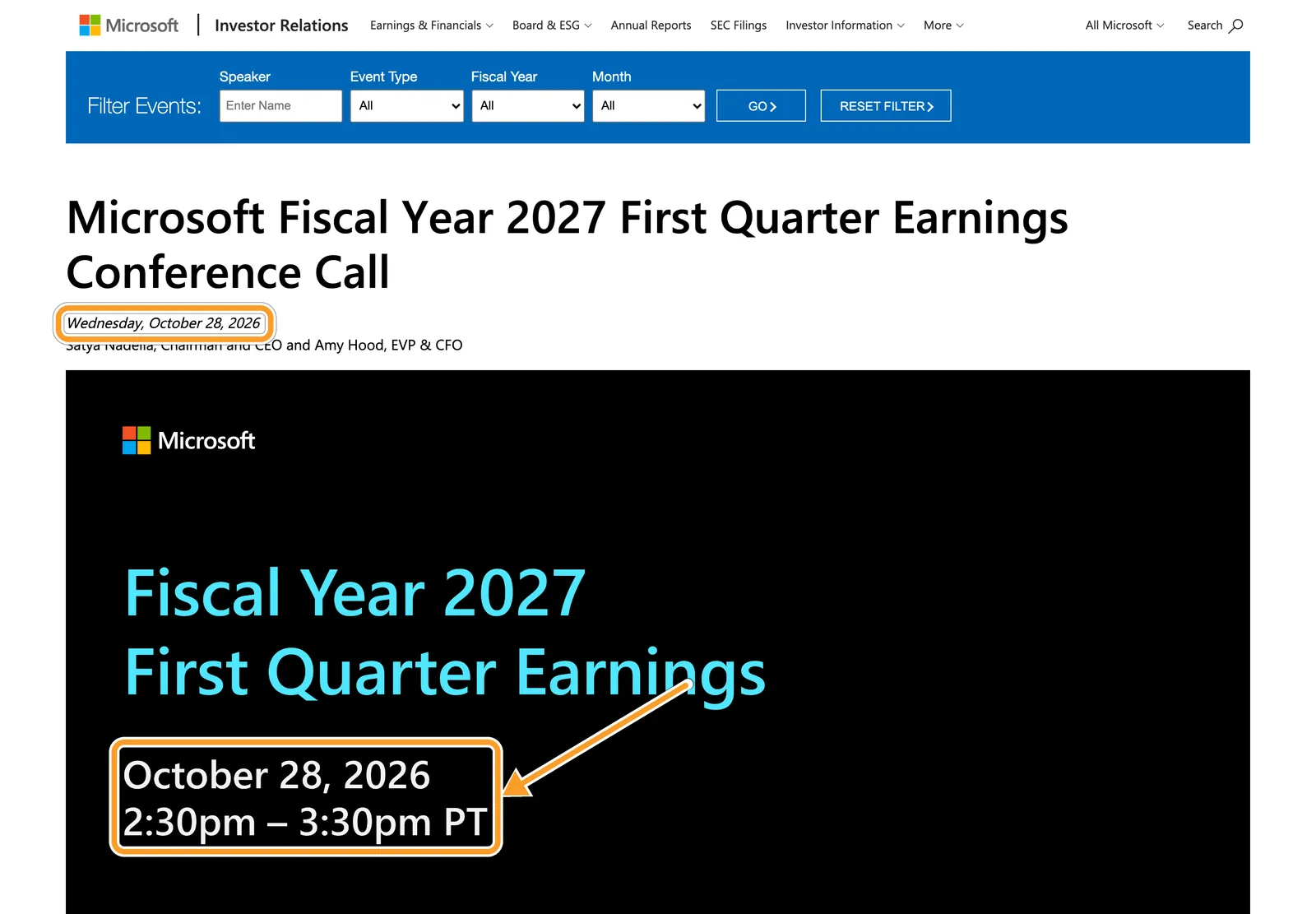Страница Microsoft Investor Relations: звонок по отчёту за первый квартал 2027 финансового года — среда, 28 октября 2026 года, 2:30–3:30 pm PT