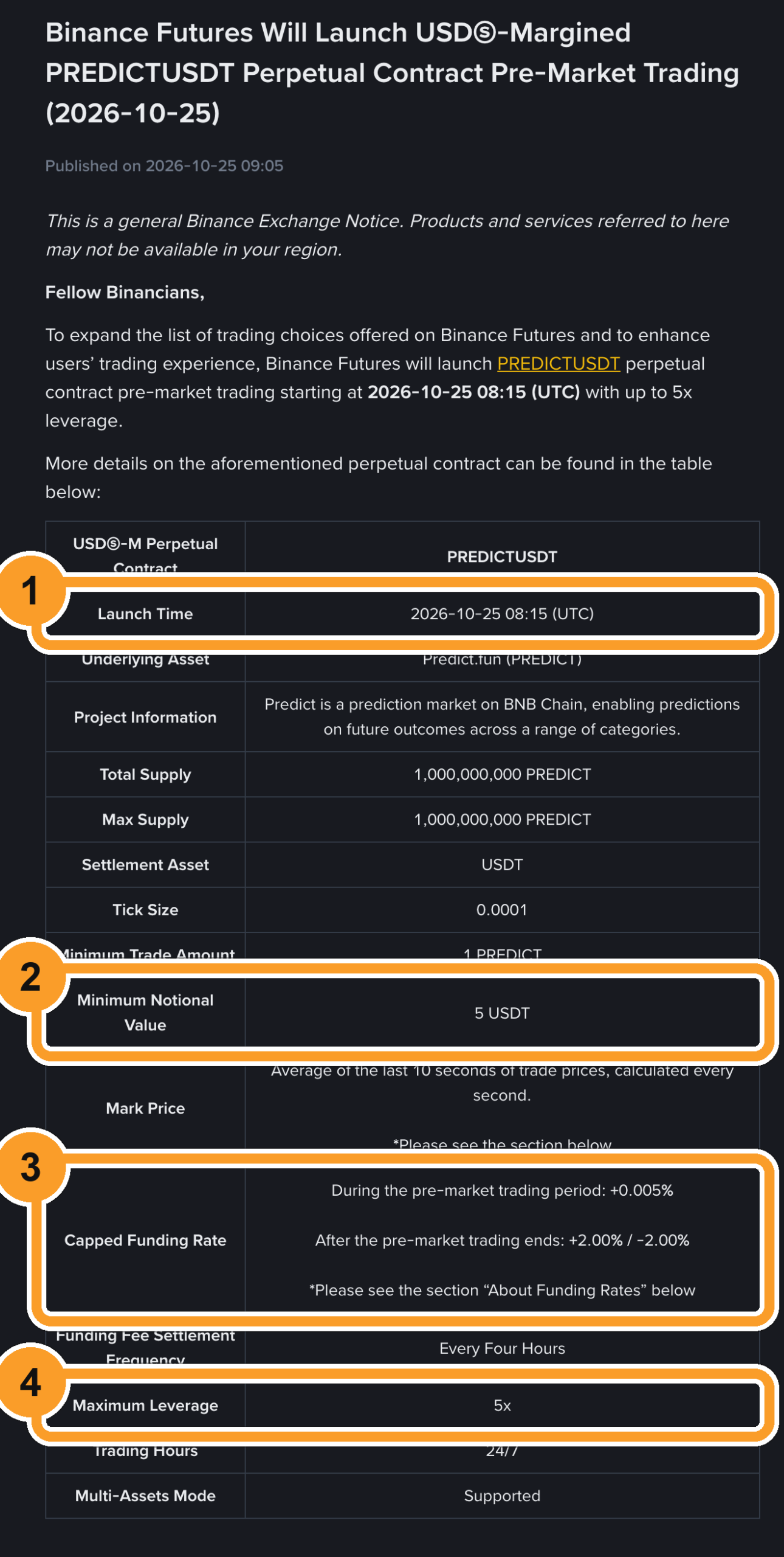 Объявление Binance о премаркет-фьючерсе PREDICTUSDT от 25 октября 2026 года: старт 08:15 UTC, минимальная сделка 5 USDT, фандинг +0,005% в премаркете и ±2% после, плечо до 5x