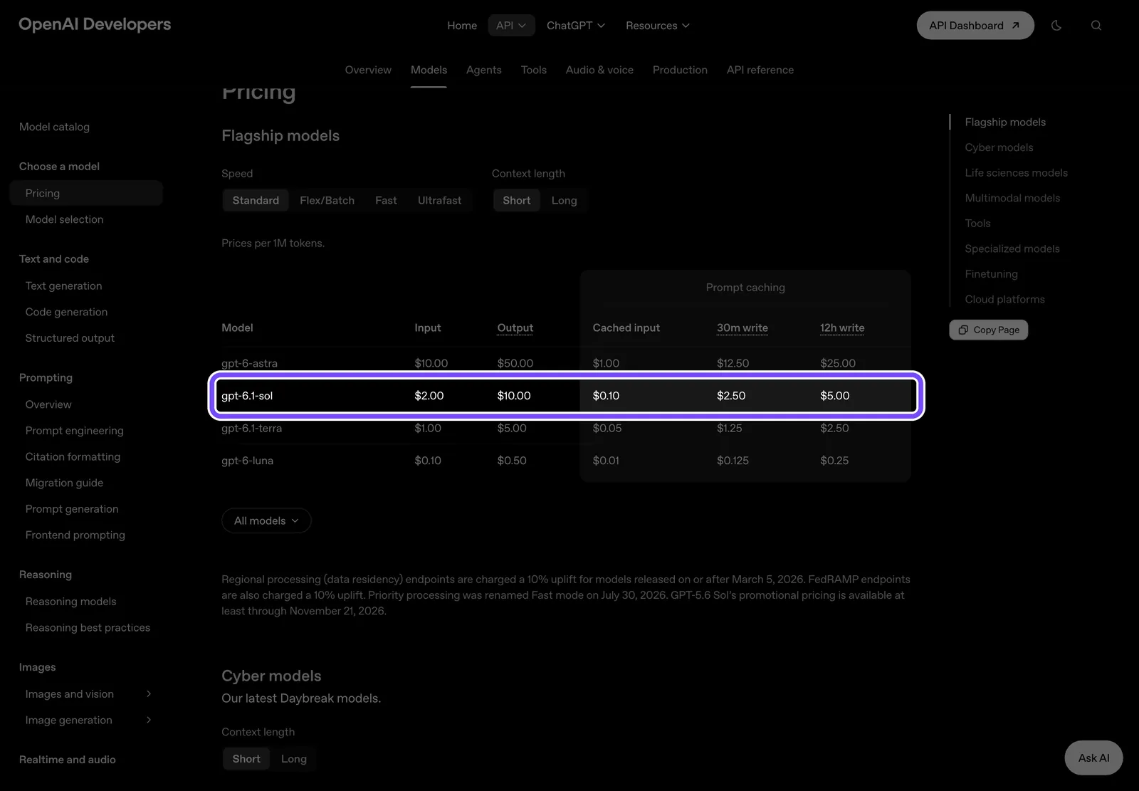 Прайс OpenAI API: рядок gpt-6.1-sol — $2 за вхід, $10 за вихід і $0,10 за читання з кешу за 1 млн токенів