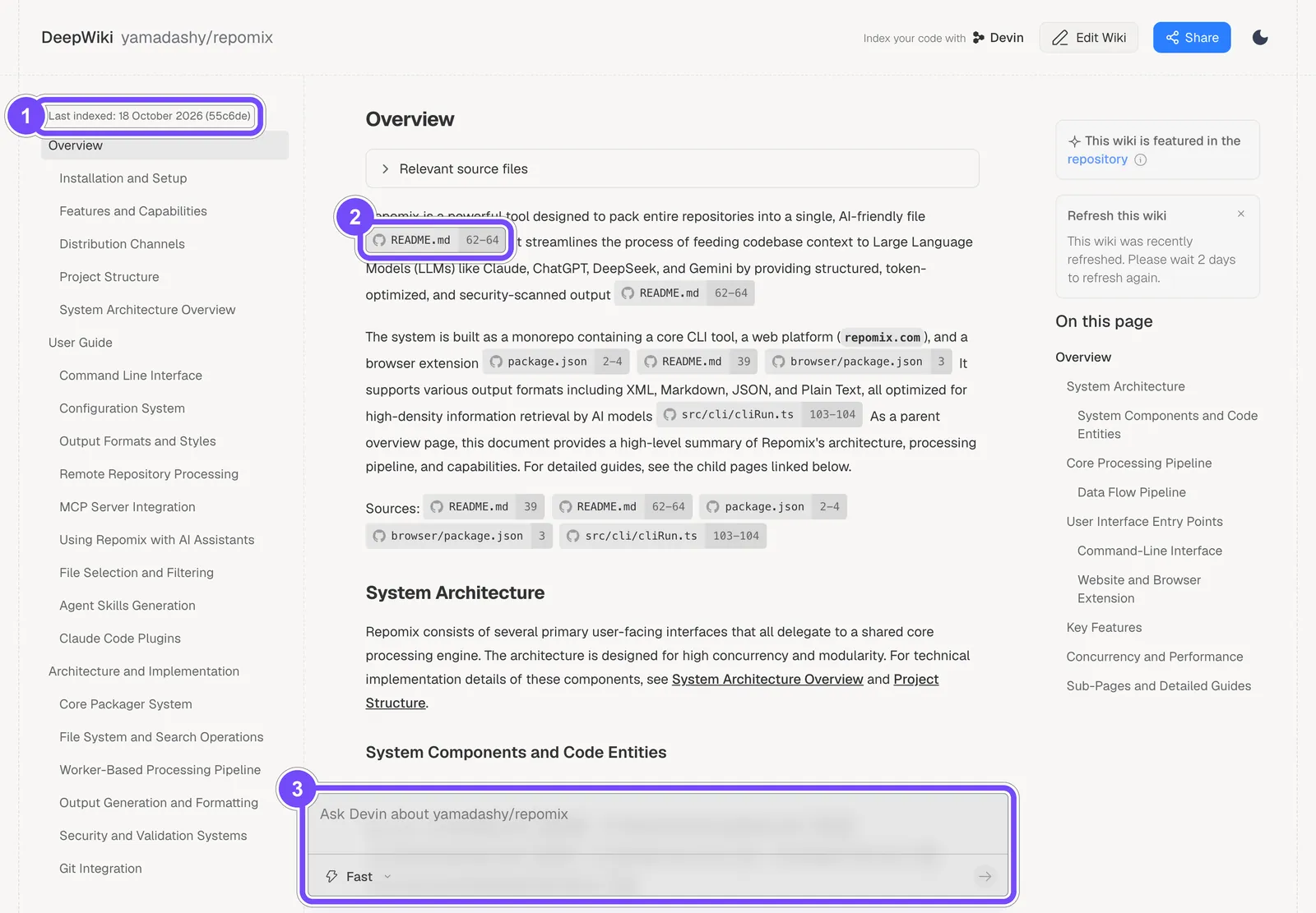 Страница DeepWiki для репозитория yamadashy/repomix: дата и коммит индексации, ссылка на строки README и поле вопроса Ask Devin