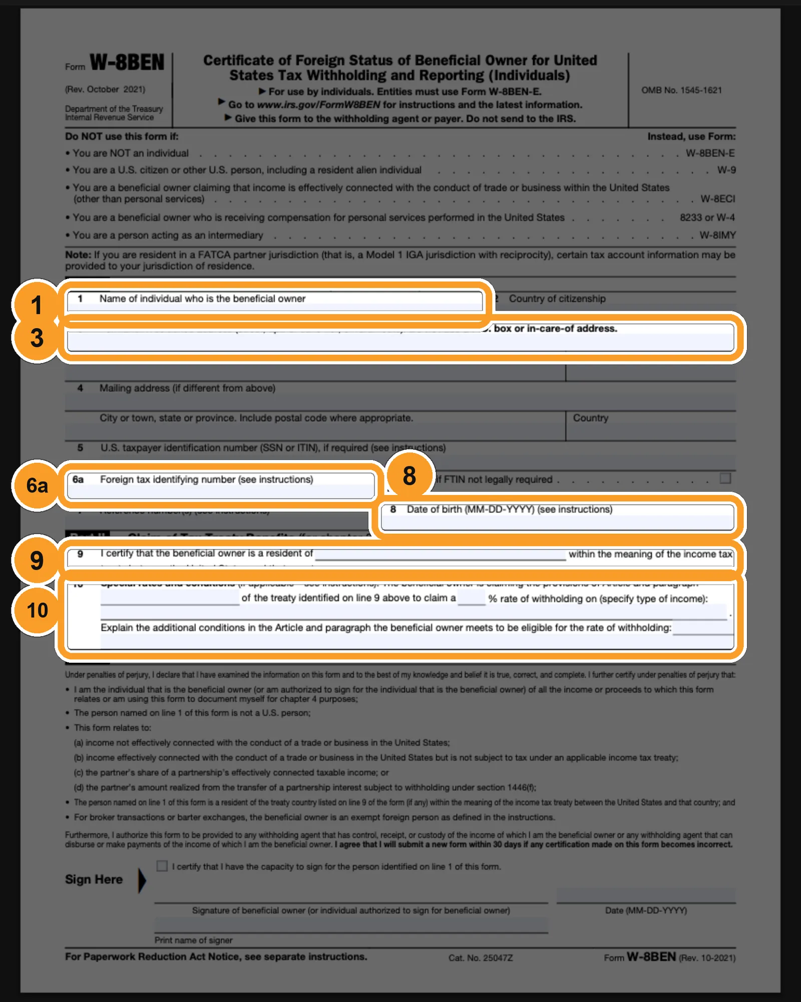 Форма W-8BEN (IRS, Rev. 10-2021): на бланке отмечены строки 1, 3, 6a, 8, 9 и 10, которые разбираем для Украины