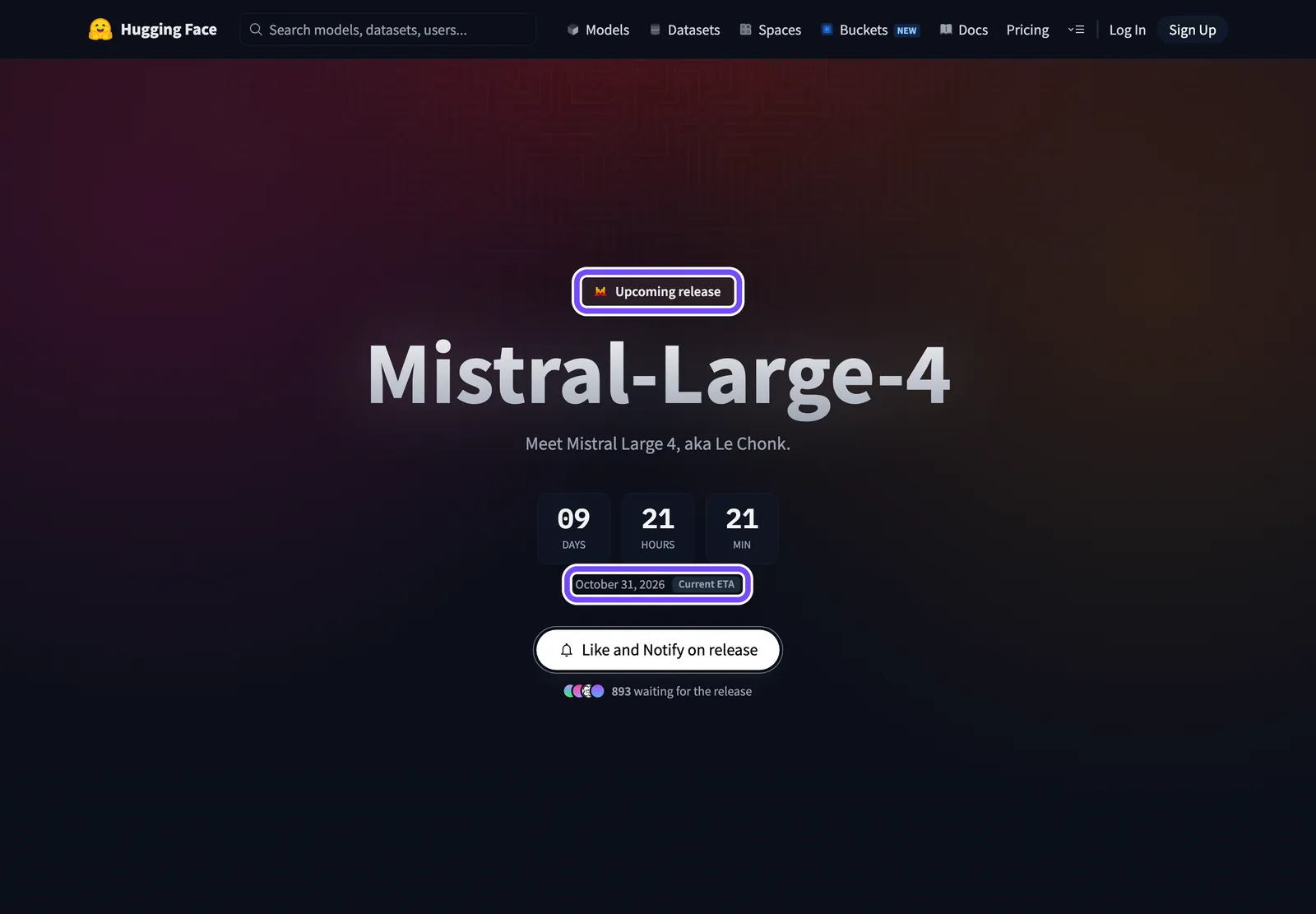 Сторінка Mistral-Large-4 на Hugging Face 21 жовтня 2026 року: Upcoming release і орієнтир 31 жовтня