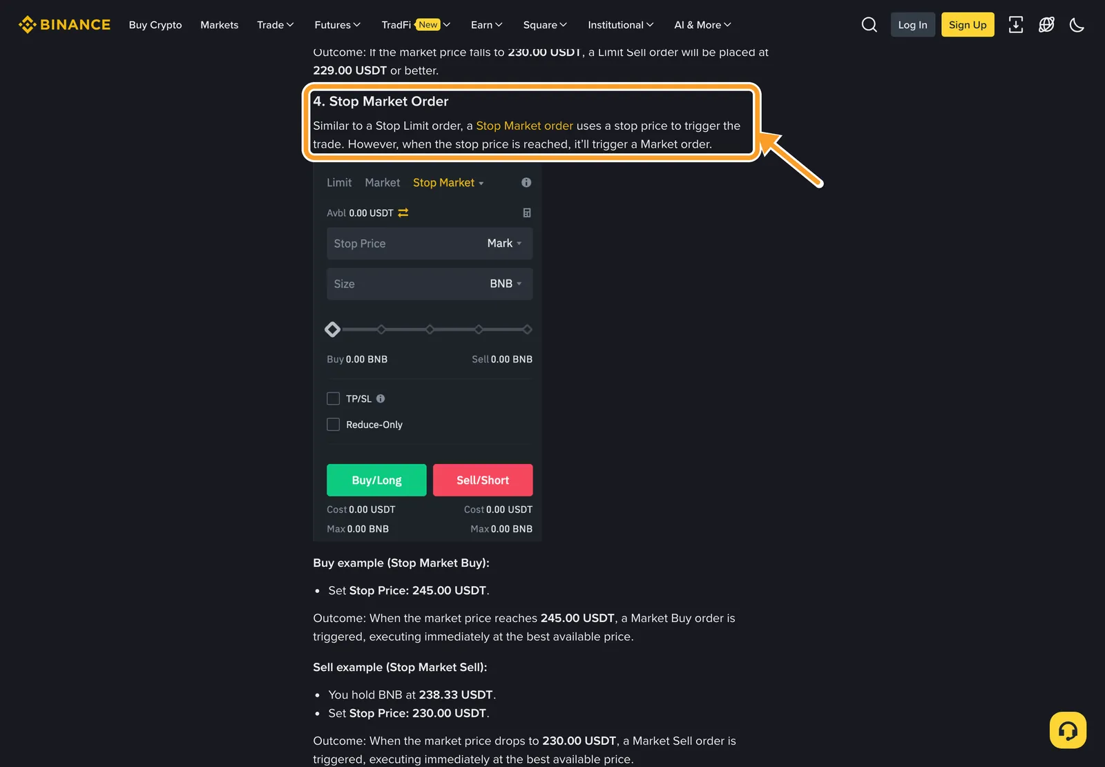 Справка Binance Types of Order on Binance Futures, обновлена 7 апреля 2026 года: Stop Market после достижения стоп-цены запускает рыночный ордер
