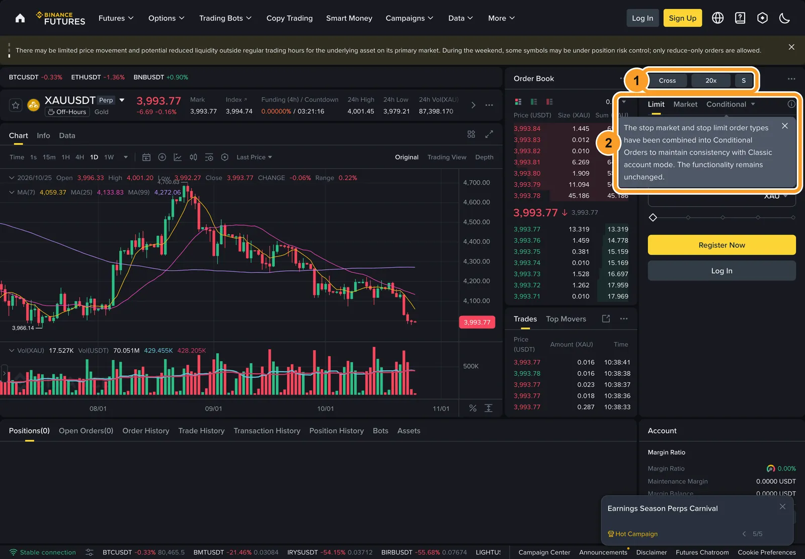 Публичная страница контракта XAUUSDT на Binance Futures 25 октября 2026 года: режим маржи Cross и плечо 20x над формой ордера, вкладка Conditional и подсказка об объединении стоп-ордеров
