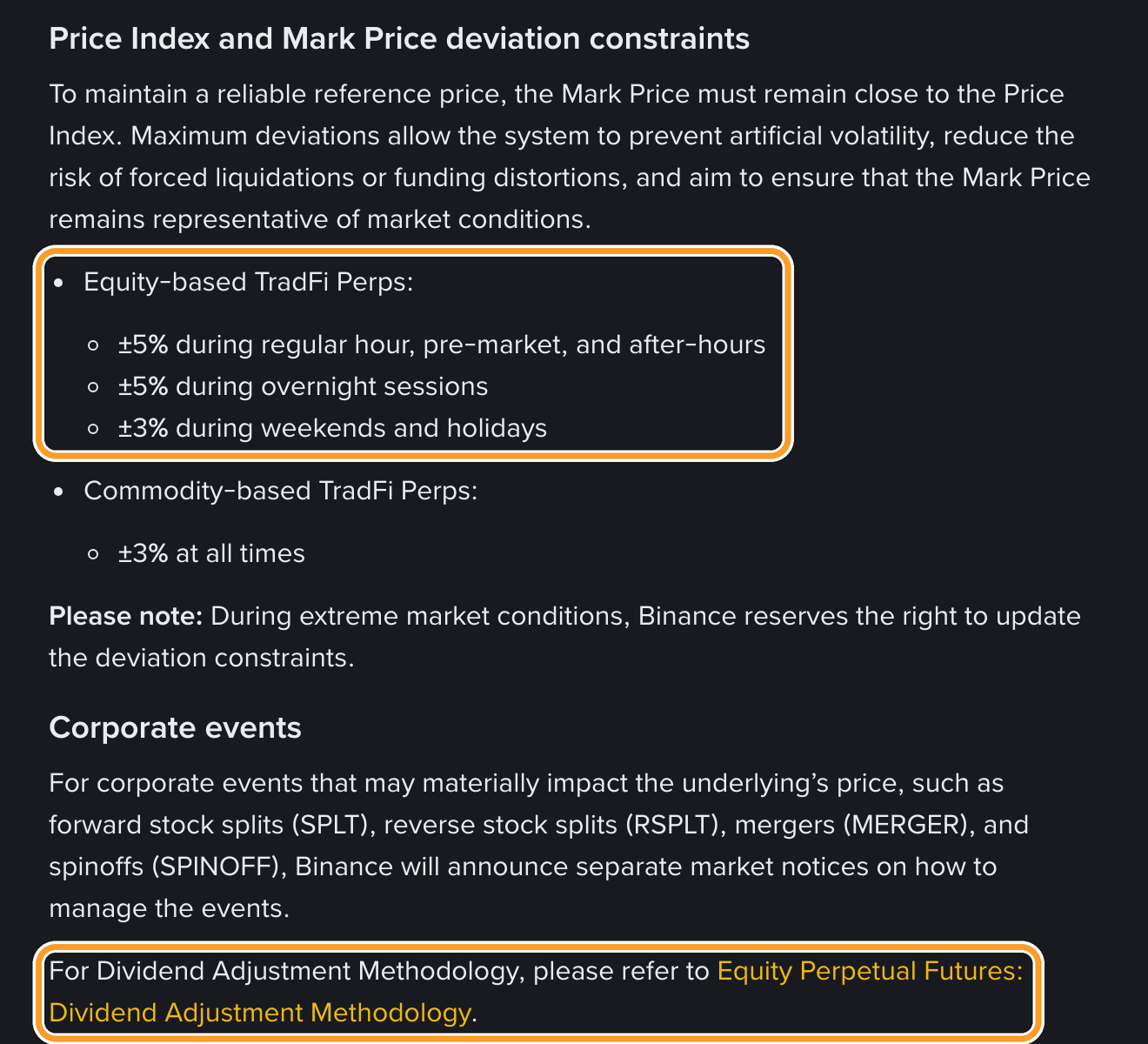 Довідка Binance щодо TradFi-перпів: відхилення mark price від індексу ±5% у будні й ±3% у вихідні, посилання на методику дивідендного коригування