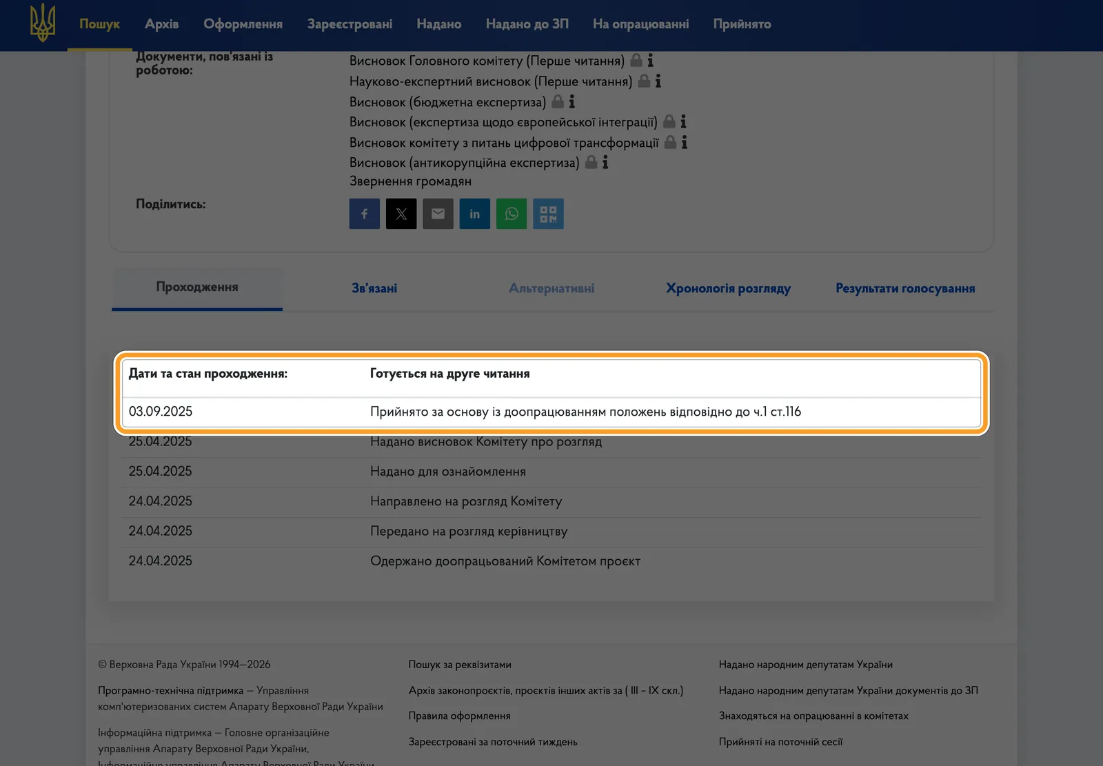 Карточка законопроекта 10225-д на сайте Верховной Рады со статусом второго чтения