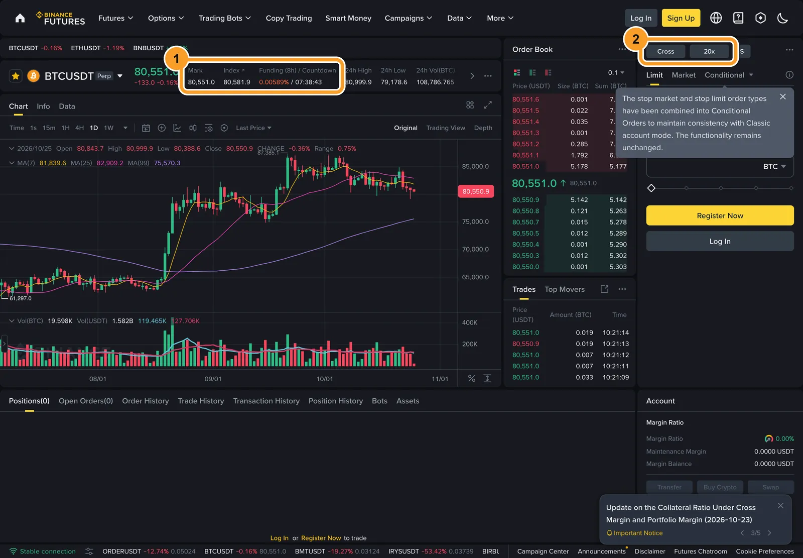 Страница контракта BTCUSDT Perp на Binance Futures 25 октября 2026 года: марк-цена, индекс и ставка фандинга с таймером в шапке, кнопки Cross и 20x над формой ордера