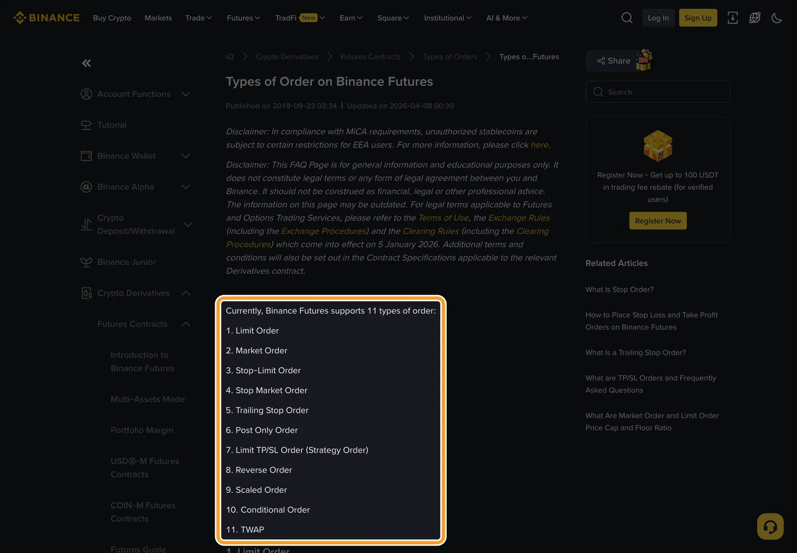 Довідка Binance Types of Order on Binance Futures: рамкою виділено список з 11 типів ордерів — від Limit Order до TWAP