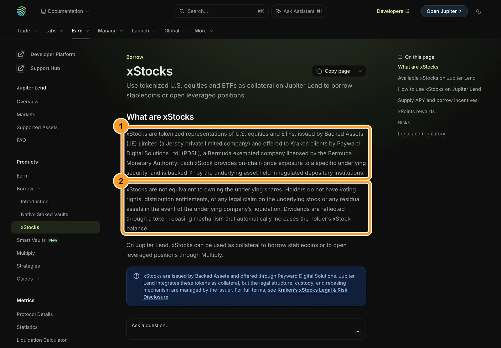 Документація Jupiter Lend про xStocks станом на 30 жовтня 2026: рамка 1 — емітент Backed Assets (JE) Limited і продавець PDSL, рамка 2 — немає права на акцію, дивіденди через ребейз