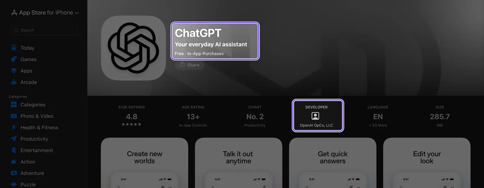 Официальная страница ChatGPT в украинском App Store на 26 октября 2026 года: рамками выделены название приложения и разработчик OpenAI OpCo, LLC