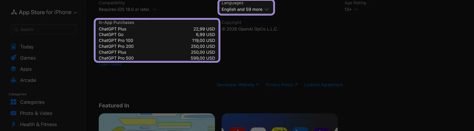 Список вбудованих покупок ChatGPT в українському App Store на 26 жовтня 2026 року: Plus 22,99, Go 6,99, Pro 100 119, Pro 200 250, друга позиція Plus 250 і Pro 500 599 USD; поруч — 60 мов інтерфейсу